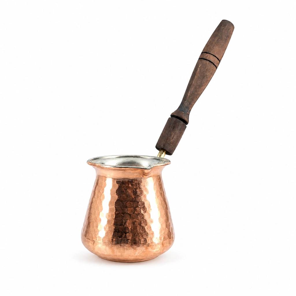 9983a5ab-2e9c-4958-967d-7b6ec280e0ce جزوه مسی 4 کاپ دسته چوبی برای قهوه ترک